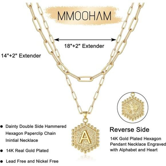 Gold Layered Initial Necklace Dainty Hexagon Pendant Paperclip Chain Gift - Picture 6 of 7